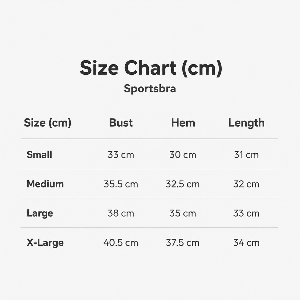 Size chart in centimeters
