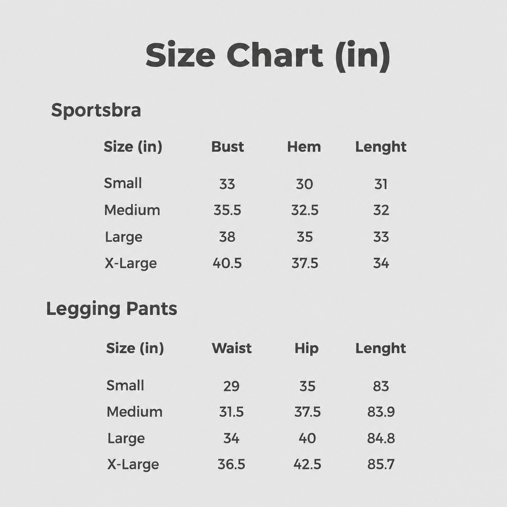Size chart in inches