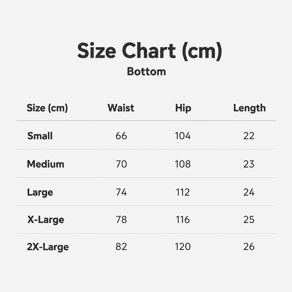 Size chart in centimeters
