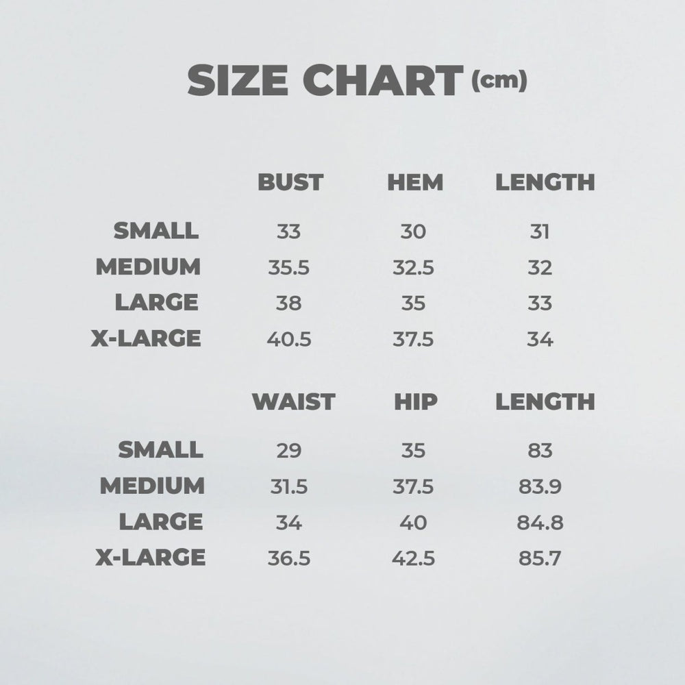 Size chart in centimeters