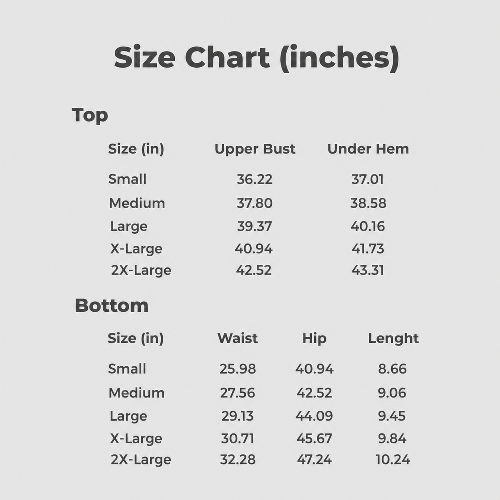 Size chart in inches