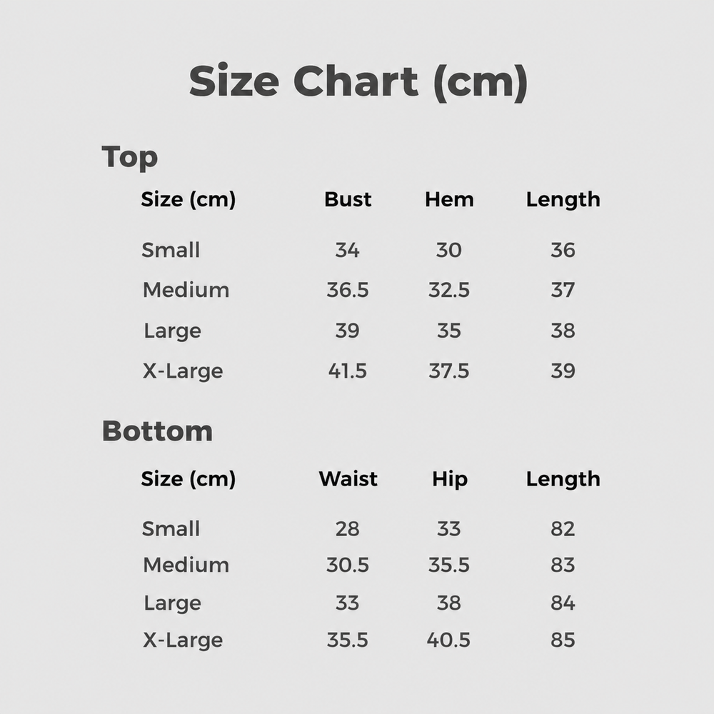 Size chart in centimeters