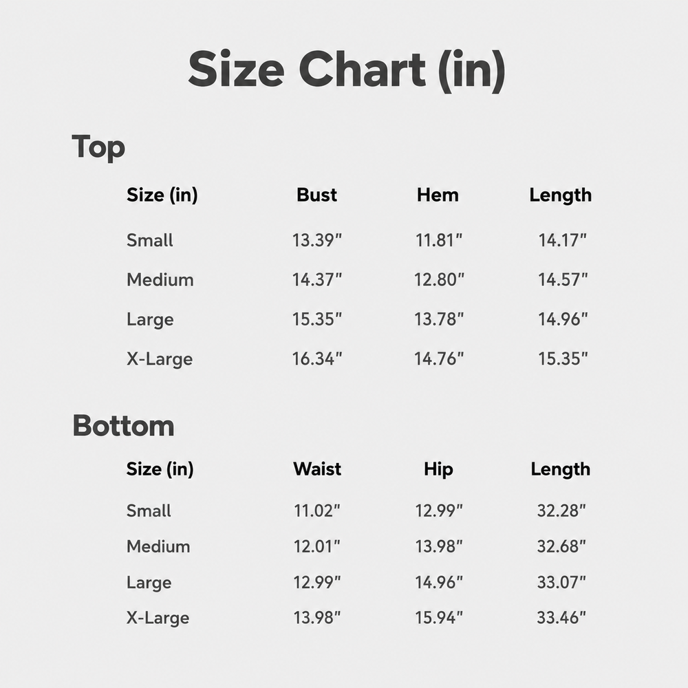 Size chart in inches